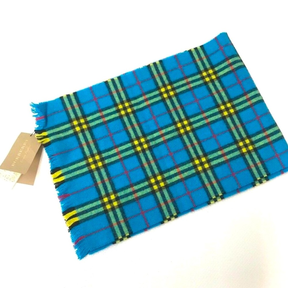 RARE LARGE BURBERRY cashmere blue turquoise yellow fringe check plaid scarf